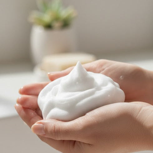 Hand holding a white foam in a bathroom setting with a blurred background