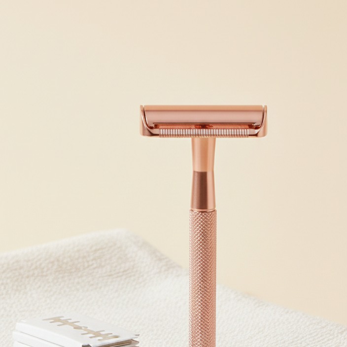 Rose gold safety razor on a white surface with a beige background