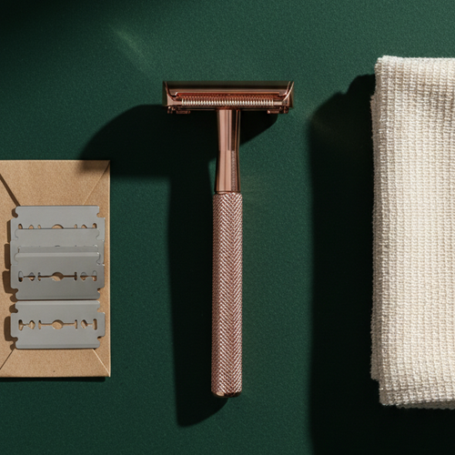 womans Shaving tools including a razor, razor heads, and a towel on a green background